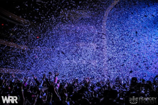 Confetti rains down on the crowd