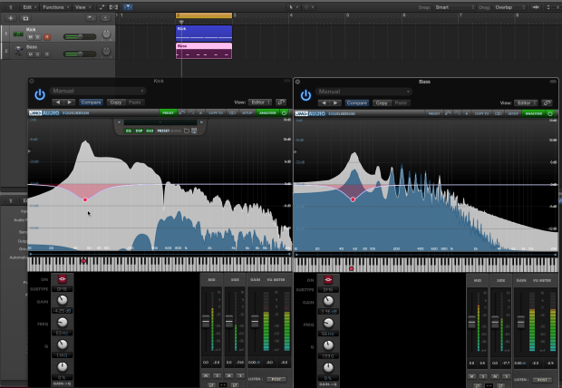 Some EQs use chromatic keyboards to relate frequency to specific notes and keys.